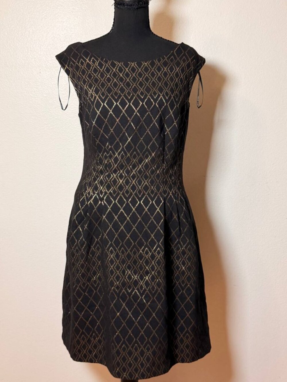 Vince Camuto Black Gold Metallic Cocktail Dress Size 10 Art Deco Holiday Party